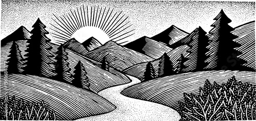 Tortoise journeying across sandy path with sunrise over mountains in black and white woodcut design