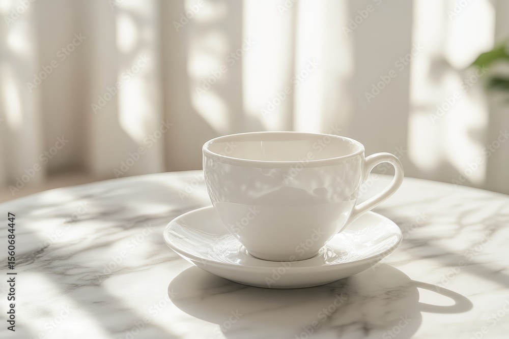 Empty white coffee cup and saucer on a marble tabletop, bathed in sunlight. Soft, diffused light creates a gentle glow Empty white coffee cup and saucer on a marble tabletop, bathed in sunlight. Soft, diffused light creates a gentle glow
