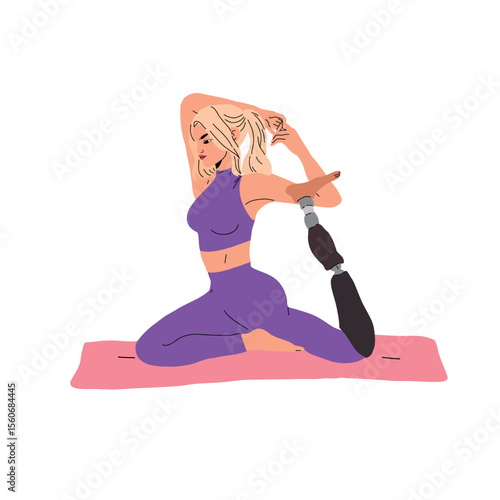 Young girl with prosthetic leg doing yoga on white background. The twisting pose promotes flexibility and relaxation. 
Vector graphics