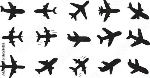 Set of airplane vector flat icons showing passenger jets in flight and various angles for travel and aviation design with transparent background