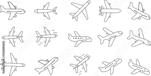 Set of 15 airplane vector icons showing passenger jets in flight and various angles for travel and aviation design with transparent background
