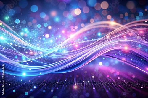 Abstract glowing purple and blue waves with bokeh lights, digital art background