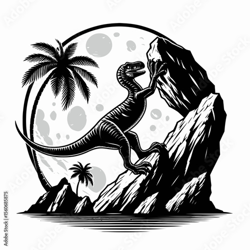 Velociraptor Climbing Over Jagged Rocks in the Prehistoric Wild