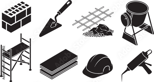 Black and White Construction Icons Set Brick Trowel Cement Mixer Rebar Tiles Scaffolding Helmet vector