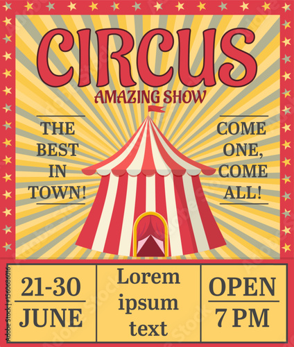 Circus amazing show poster with big top tent and event details