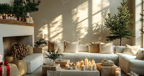 Cozy Christmas living room interior with gifts, candles, and a Christmas tree.