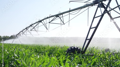 Agricultural pivot irrigation system on a corn field	