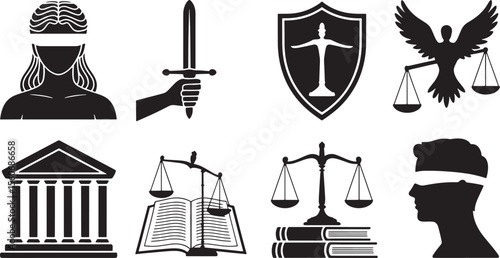 Black Silhouette Justice Symbols Collection Scales Sword Lady Justice Blindfolded Head Temple Books Shield Angel Wings
