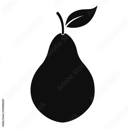 Simple black silhouette of a pear with a stem and leaf on a white background