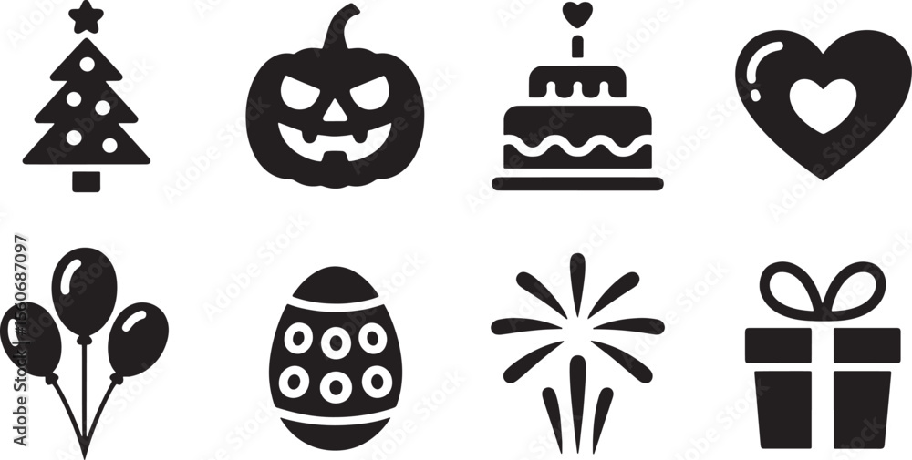 Naklejka premium Eight Black Holiday Celebration Icons Christmas Tree Pumpkin Cake Heart Balloons Egg Fireworks Gift halloween