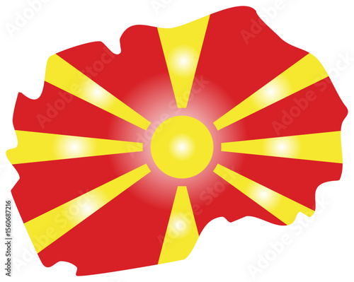 This image shows the outline of North Macedonia filled with the national flag featuring a stylized yellow sun with rays extending across a red background.