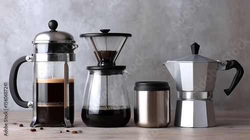 A variety of coffee brewing methods in a minimal kitchen including French press espresso and moka pot setups