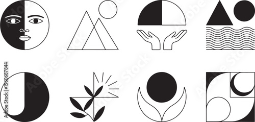 Ten Abstract Black White Geometric Line Art Designs Circles Triangles Faces Waves Sun vector