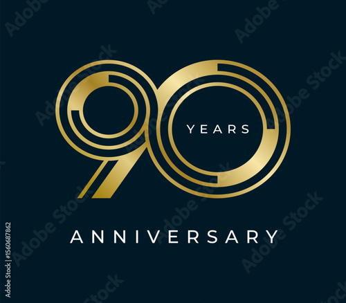 90 Years Anniversary design vector illustration. Unique 90 years logo design template. In gold color