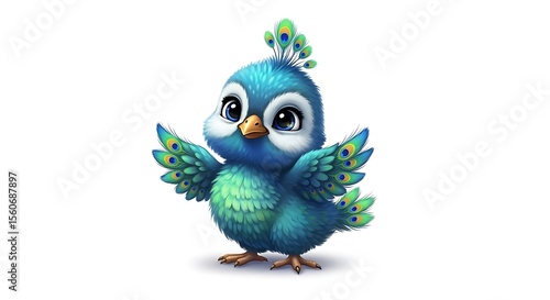 Illustration of a cartoon peacock chick with blue feathers and big eyes on a white background