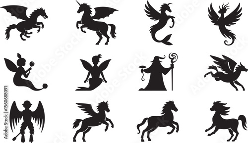 Ten Black Silhouette Fantasy Creature Icons Dragons Unicorns Pegasus Fairies Wizard fairy