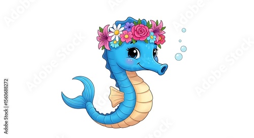 Cartoon seahorse with flower crown and bubbles on a white background digital illustration art