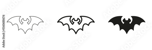 Bat Symbol In Line, Outline, And Glyph Icon Set. Nocturnal Creature And Halloween Theme Symbol Collection. Perfect For Spooky Designs And Horror-Themed Projects. Isolated Vector Illustration