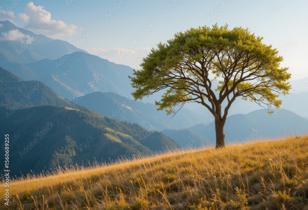 Tree on a Golden Hillside Against Mountain Background Tree on a Golden Hillside Against Mountain Background