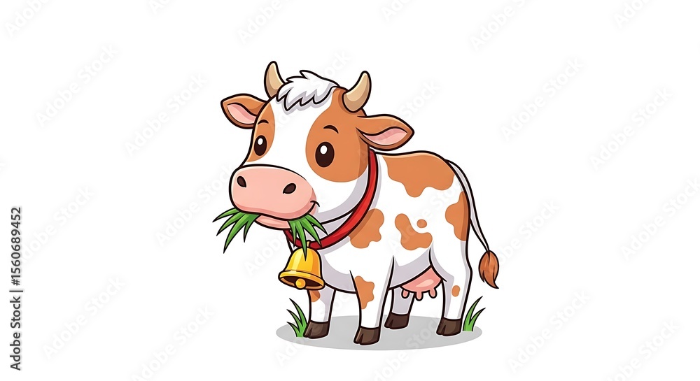 Obraz premium Cartoon cow with brown spots eating grass and wearing a bell on a white background illustration
