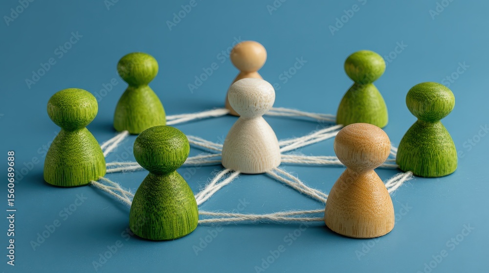 Obraz premium Team building and social networking concept with green wooden figures connected by white lines on blue surface. 3D rendering, no logos, no brands