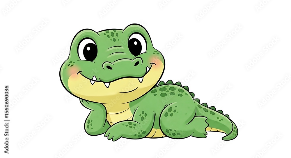Obraz premium A cartoon alligator with green skin and a yellow belly is lying down on a white background smiling