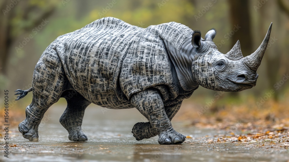Fototapeta premium Striking rhinoceros enjoying a peaceful run through an autumn forest path