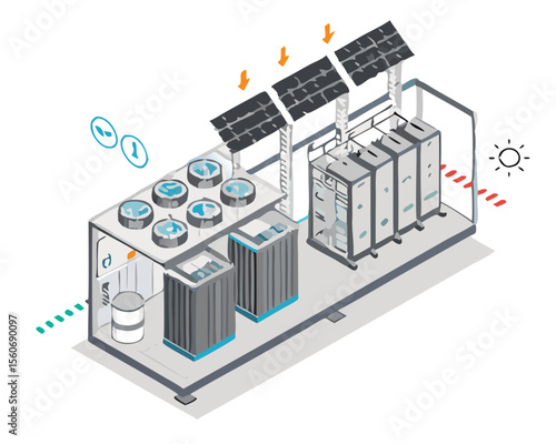 Green hydrogen simple power plant concept with solar cell and wind turbine energy for h2 semi truck transporter ecology powerhouse electricity isometric vector designed. 