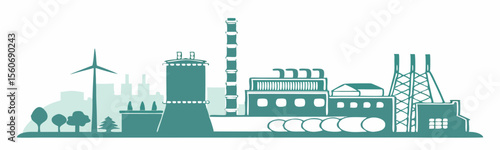 Industrial factories silhouette outline shadow with trees background blue monochrome isolated. silhouette factory zone outline shadow background monochrome.