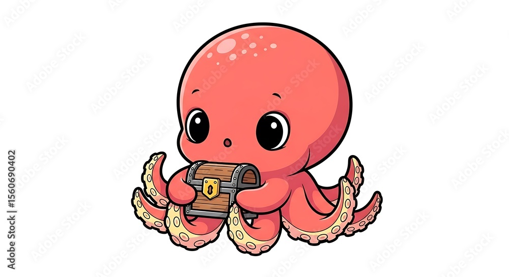 Fototapeta premium A cartoon octopus holding a treasure chest with its tentacles on a white isolated background
