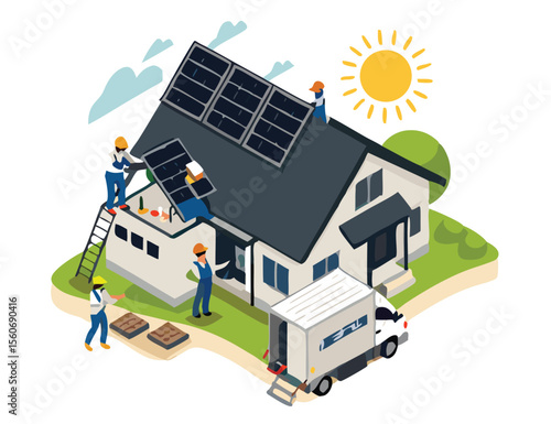 Solar cell team service install for new customer isometric designed. solar cell installer team service for customer house ecology and eco business isometric isolate vector.