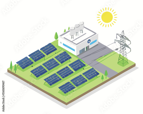 Solar panels farm power plant with solar cell green energy ecology powerhouse concept electricity in nature isometric vector designed.
