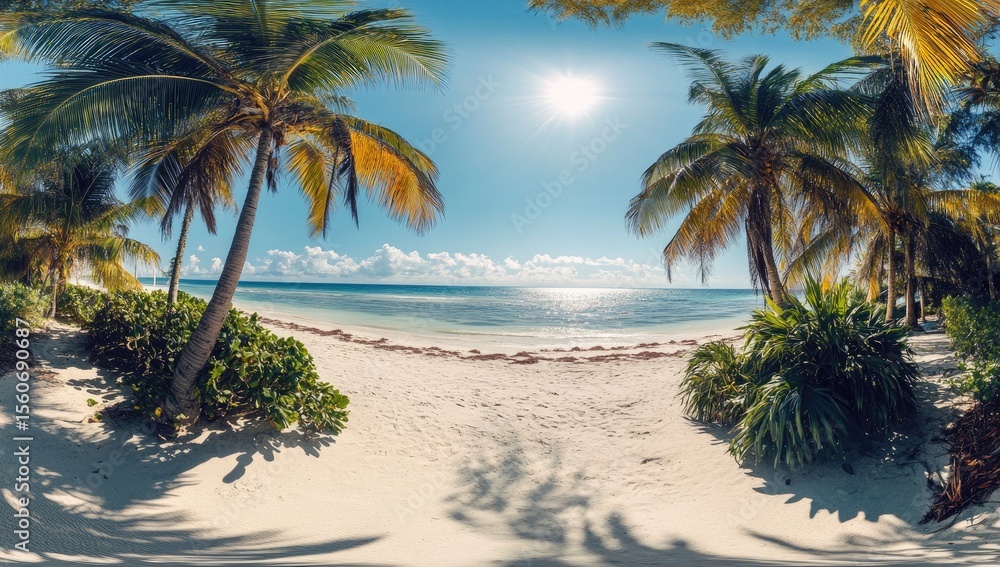 Obraz premium Panoramic view of a tropical beach framed by palm trees. Sunlight filters through lush foliage, illuminating a pristine white sand beach leading to a calm turquoise ocean