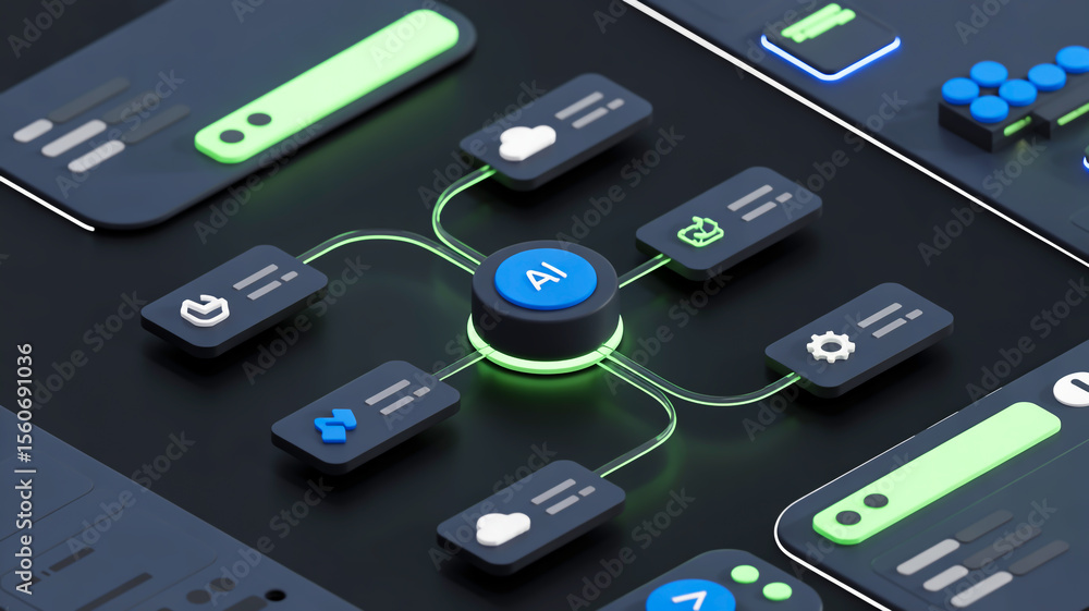 Fototapeta premium Design a sleek, dark-themed user interface featuring a detailed, glowing flowchart diagram illustrating complex processes with intuitive, modern visual elements