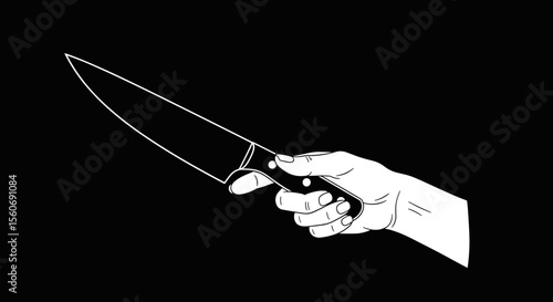Hand holding a kitchen knife in a minimalist line art style on a black background

