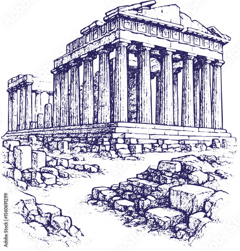 Ancient Greek temple in line art style with stone ruins