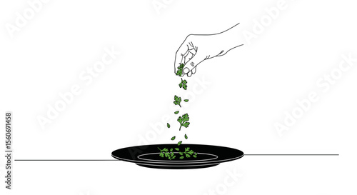 Hand sprinkling fresh herbs onto a plate in a minimalist line art style on a plain background

