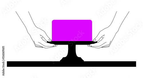 Hands placing a cake on a cake stand in a minimalist line art style on a plain background