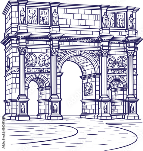 Triumphal Roman arch in line art style with detailed carvings