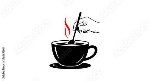 Hand stirring a hot beverage in a black cup with a spoon in a minimalist line art style on a plain background
