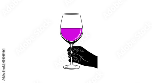 Hand holding a glass of purple wine in a minimalist line art style on a plain background