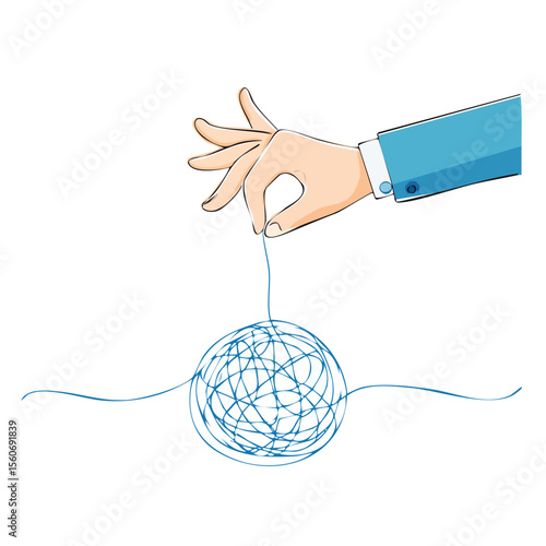 hand pulls a thread from a tangled ball in other hand. Concept of problem solving and eliminating uncertainty.complexity, confusion, 