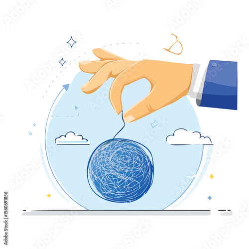 hand pulls a thread from a tangled ball in other hand. Concept of problem solving and eliminating uncertainty.complexity, confusion, 