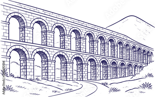 Roman aqueduct in line art style with mountain background