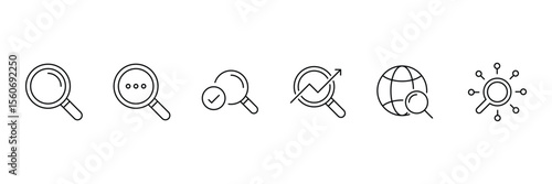 Search thin line icons set. Containing SEO, Digital marketing, data analysis, management, investigate, find and more. Magnifying glass, find, zoom icon. Vector illustration.