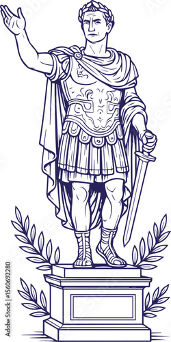 Roman emperor statue in classical line art style with laurel base