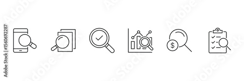 Search thin line icons set. Containing SEO, Digital marketing, data analysis, management, investigate, find and more. Magnifying glass, find, zoom icon. Vector illustration.