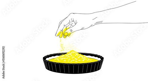 Hand sprinkling yellow powder into a pie crust in a minimalist line art style on a plain background
