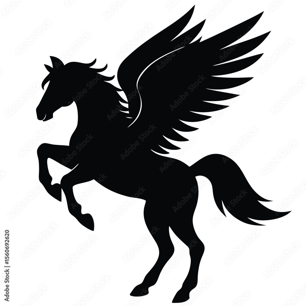Obraz premium Majestic Pegasus Silhouette Gracefully Arched with Powerful Wings Spread Ready for Flight in a Striking and Bold Stance