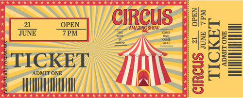 Circus ticket with striped tent design and event details for june show